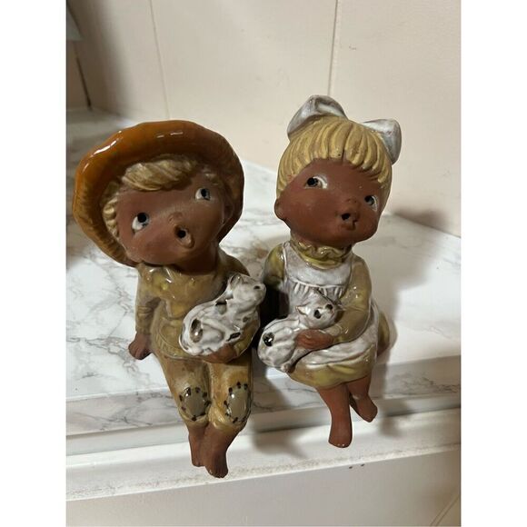 Vintage Handmade Ceramic Seated Boy & Girl with Cats 6" Tall - Picture 2 of 9
